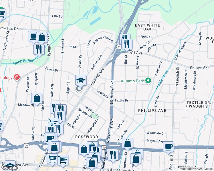 map of restaurants, bars, coffee shops, grocery stores, and more near 1505 Homeland Avenue in Greensboro
