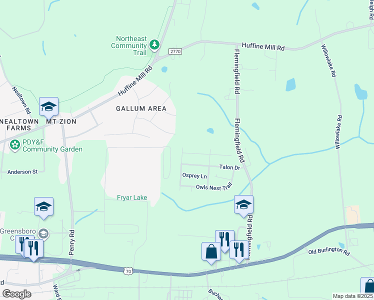map of restaurants, bars, coffee shops, grocery stores, and more near 2203 Wise Owl Drive in Greensboro