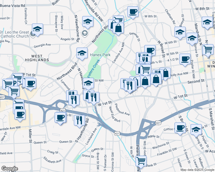 map of restaurants, bars, coffee shops, grocery stores, and more near 807 West End Boulevard in Winston-Salem