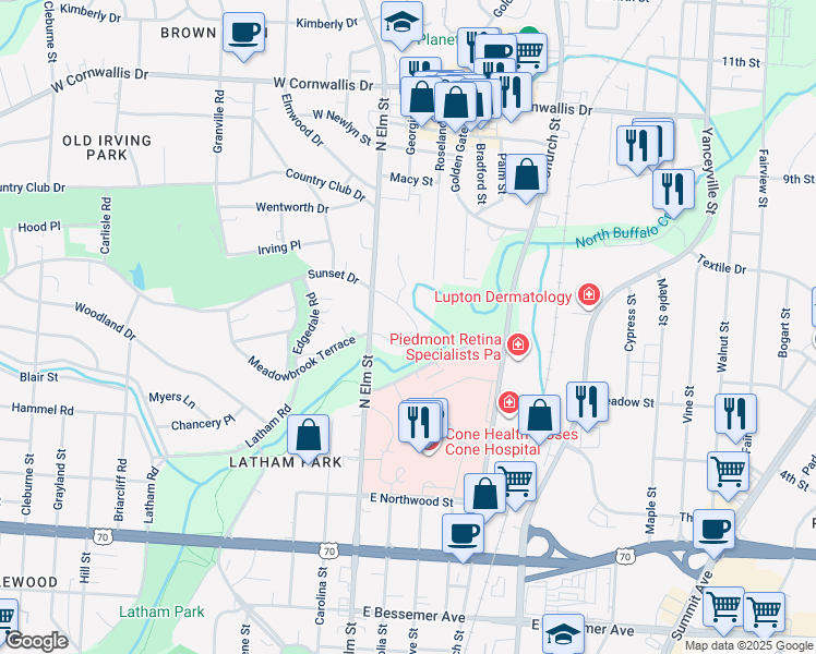 map of restaurants, bars, coffee shops, grocery stores, and more near 140 Sunset Circle in Greensboro