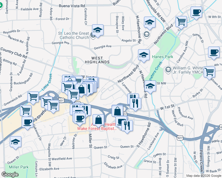 map of restaurants, bars, coffee shops, grocery stores, and more near 1937 Hinshaw Avenue Southwest in Winston-Salem