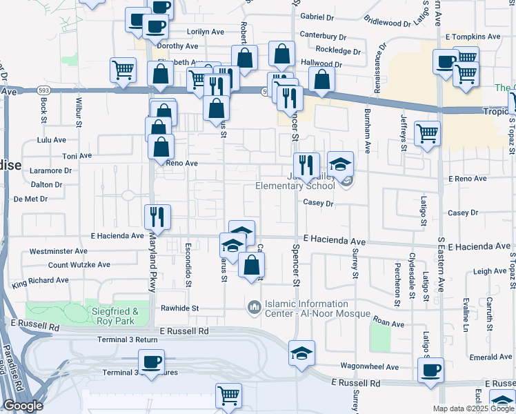map of restaurants, bars, coffee shops, grocery stores, and more near 5219 Caliente Street in Las Vegas