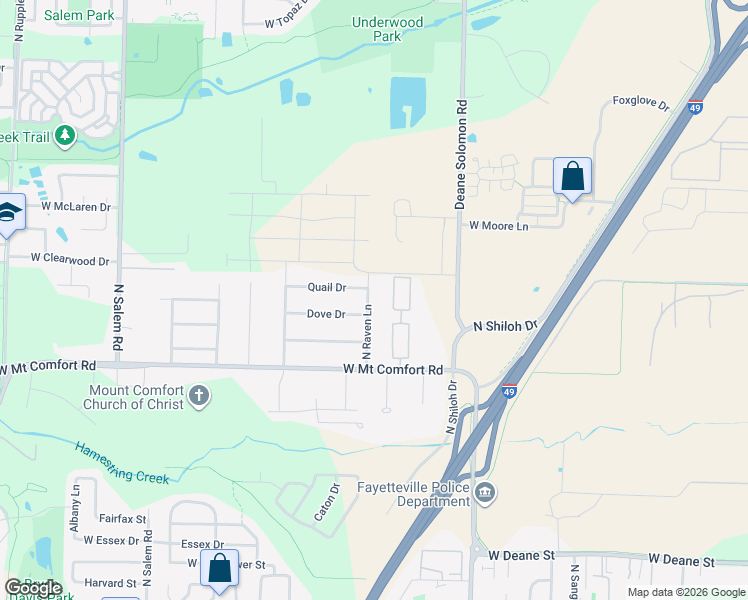 map of restaurants, bars, coffee shops, grocery stores, and more near 2338 North Raven Lane in Fayetteville
