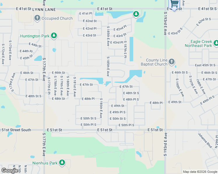 map of restaurants, bars, coffee shops, grocery stores, and more near 4720 South 186th East Avenue in Tulsa
