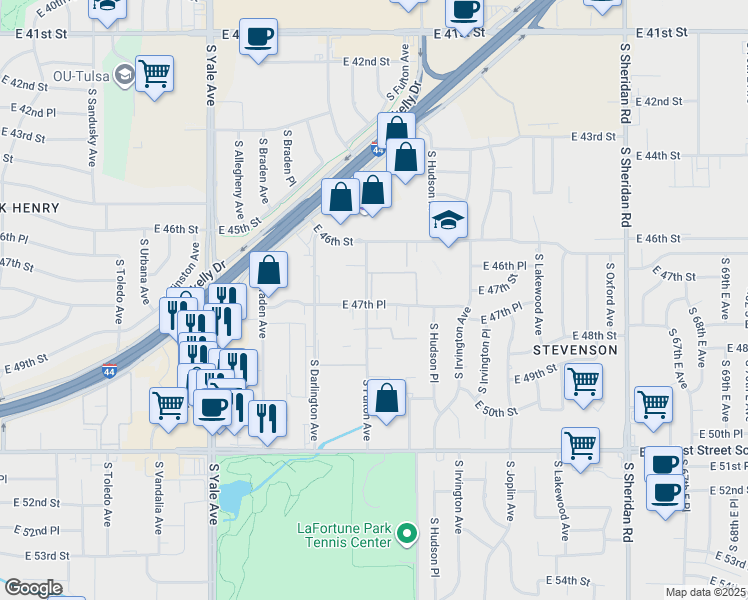 map of restaurants, bars, coffee shops, grocery stores, and more near 5358 East 47th Place in Tulsa