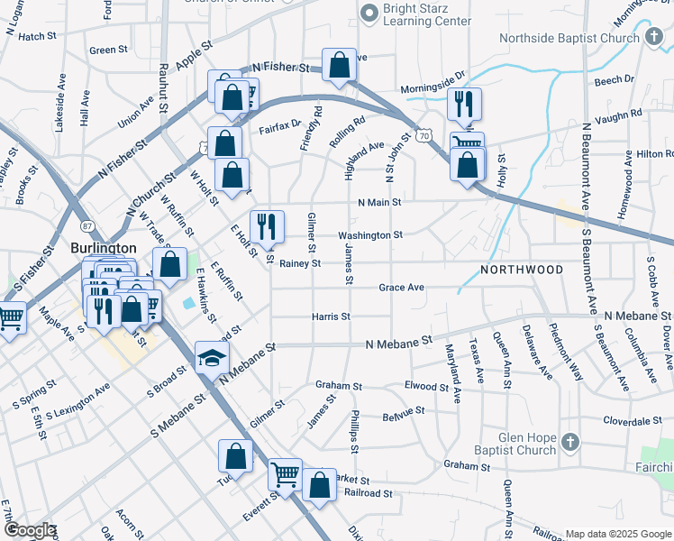 map of restaurants, bars, coffee shops, grocery stores, and more near 812 Grace Avenue in Burlington