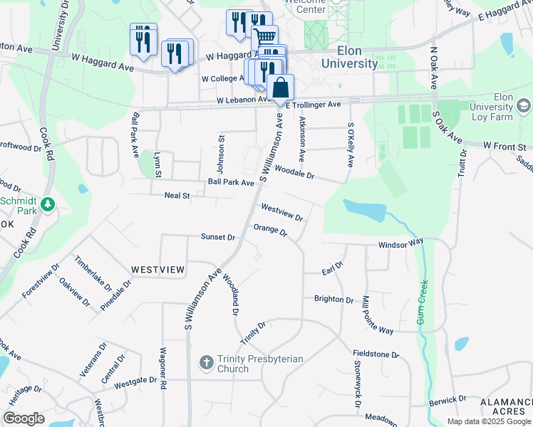 map of restaurants, bars, coffee shops, grocery stores, and more near 109 Orange Drive in Elon