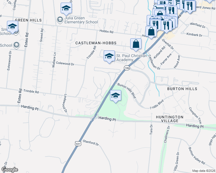 map of restaurants, bars, coffee shops, grocery stores, and more near 102 Summit Ridge Court in Nashville