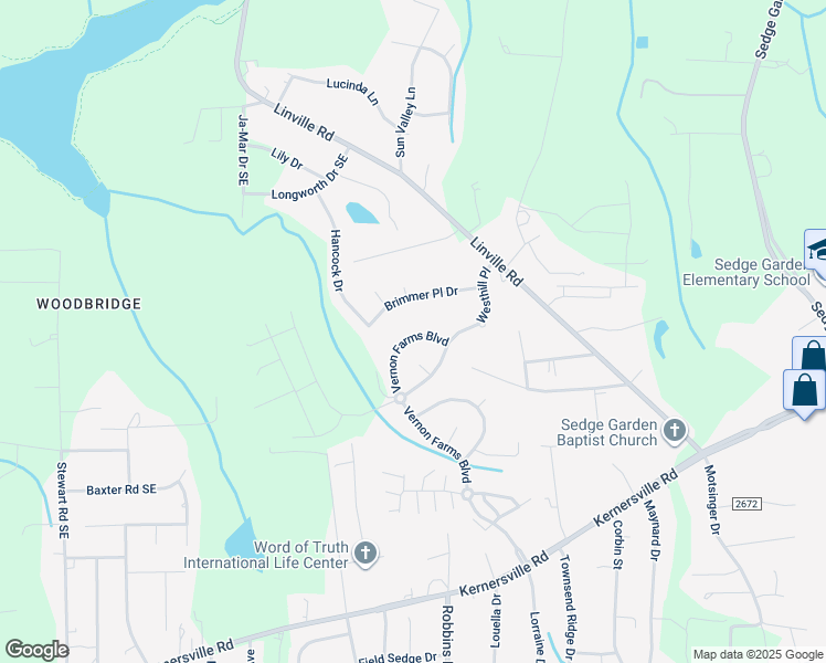 map of restaurants, bars, coffee shops, grocery stores, and more near 4557 Vernon Farms Boulevard in Kernersville