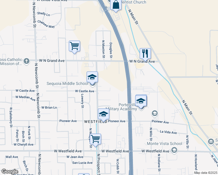 map of restaurants, bars, coffee shops, grocery stores, and more near 1606 North Prospect Street in Porterville
