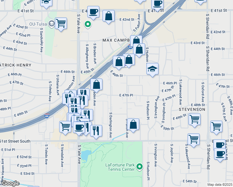 map of restaurants, bars, coffee shops, grocery stores, and more near 5307 East 47th Place in Tulsa