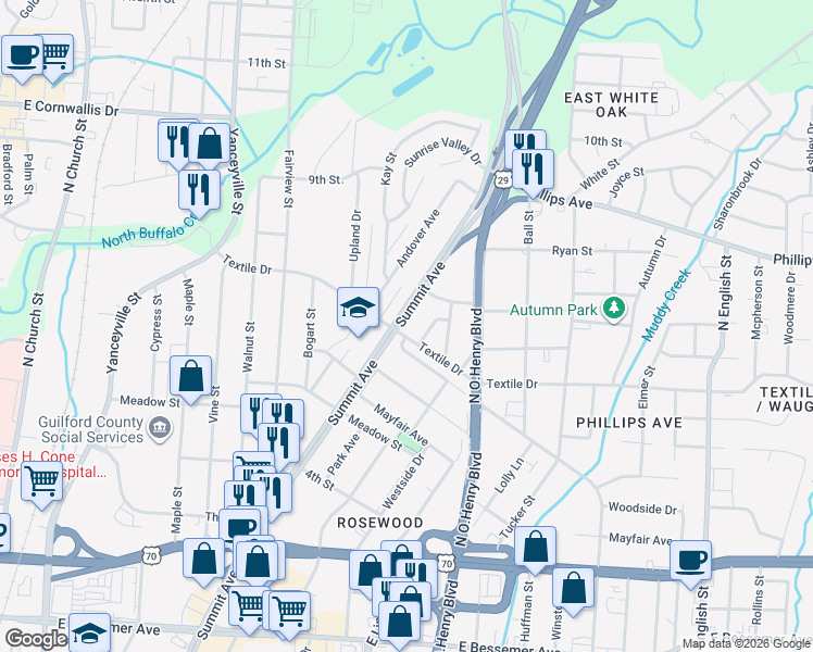 map of restaurants, bars, coffee shops, grocery stores, and more near 1814 Gatewood Avenue in Greensboro