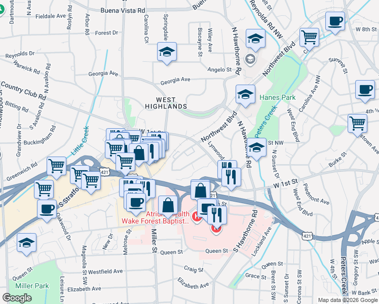 map of restaurants, bars, coffee shops, grocery stores, and more near 1937 Hinshaw Avenue Southwest in Winston-Salem