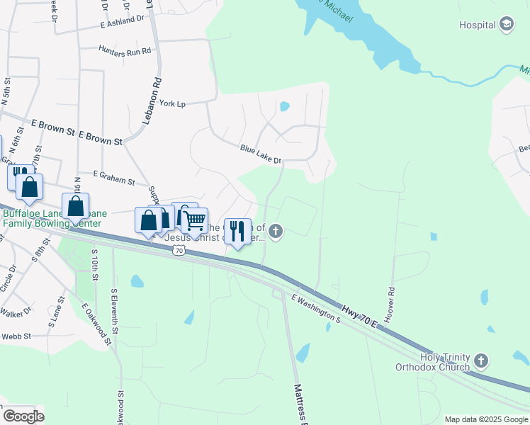 map of restaurants, bars, coffee shops, grocery stores, and more near Ashbury Boulevard in Mebane