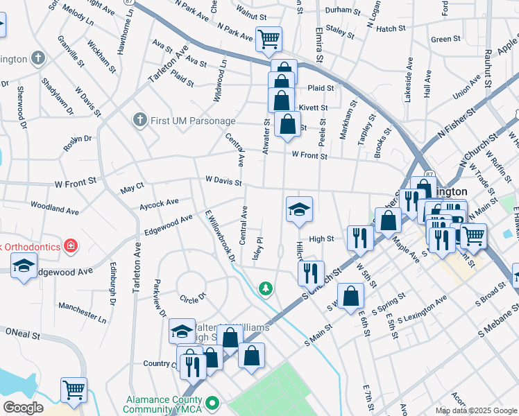 map of restaurants, bars, coffee shops, grocery stores, and more near 621 Isley Place in Burlington
