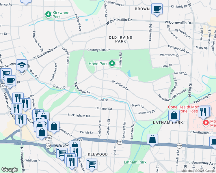 map of restaurants, bars, coffee shops, grocery stores, and more near 707 Dover Road in Greensboro