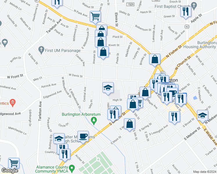map of restaurants, bars, coffee shops, grocery stores, and more near 529 Hillcrest Avenue in Burlington