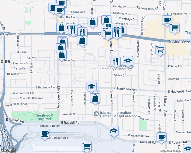map of restaurants, bars, coffee shops, grocery stores, and more near 5195 Caliente Street in Las Vegas