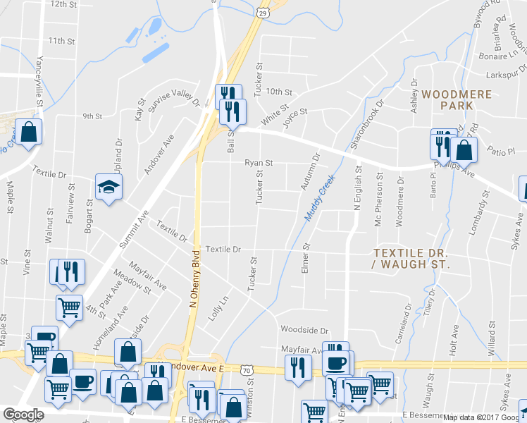 map of restaurants, bars, coffee shops, grocery stores, and more near 1510 Tucker Street in Greensboro