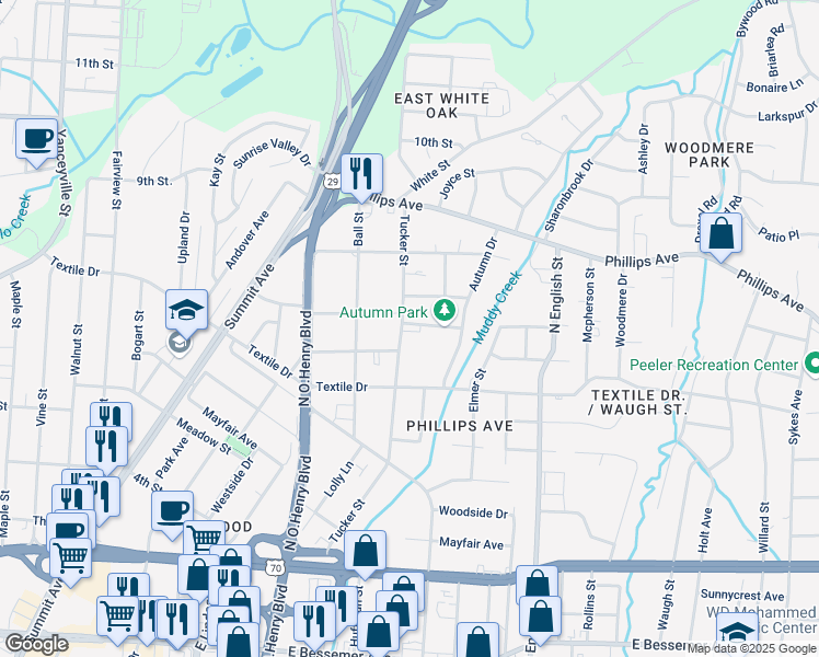 map of restaurants, bars, coffee shops, grocery stores, and more near 1411 Joyce Street in Greensboro