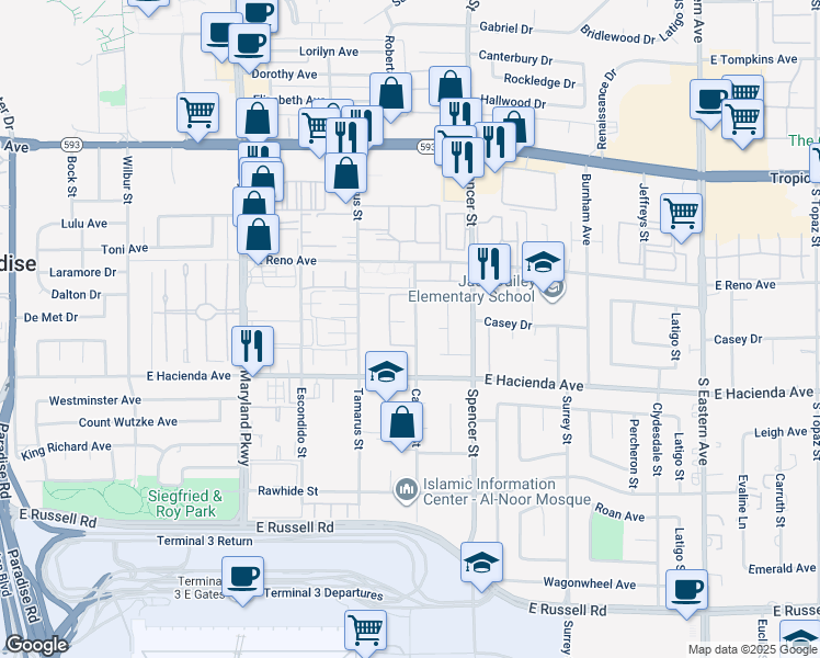 map of restaurants, bars, coffee shops, grocery stores, and more near 5191 Caliente Street in Las Vegas
