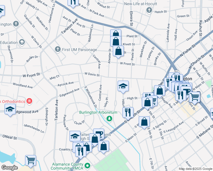 map of restaurants, bars, coffee shops, grocery stores, and more near 621 Isley Place in Burlington