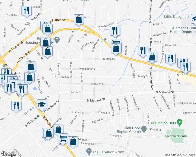 map of restaurants, bars, coffee shops, grocery stores, and more near 1011 Rainey Street in Burlington