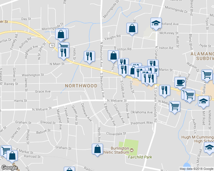 map of restaurants, bars, coffee shops, grocery stores, and more near 219 Willow Avenue in Burlington