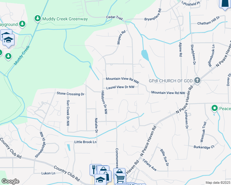 map of restaurants, bars, coffee shops, grocery stores, and more near 120 Laurel View Court Northwest in Winston-Salem