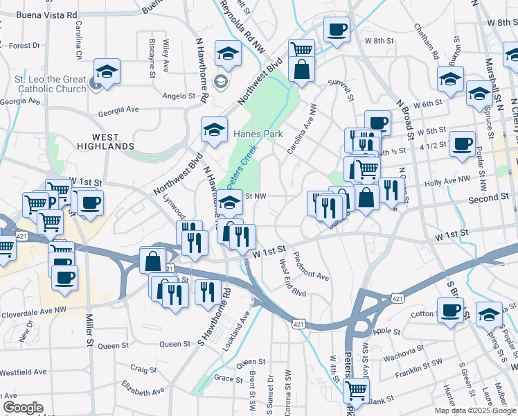 map of restaurants, bars, coffee shops, grocery stores, and more near 233 North Sunset Drive in Winston-Salem