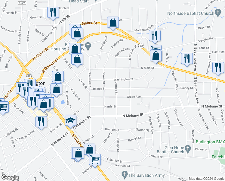 map of restaurants, bars, coffee shops, grocery stores, and more near 817 Rainey Street in Burlington