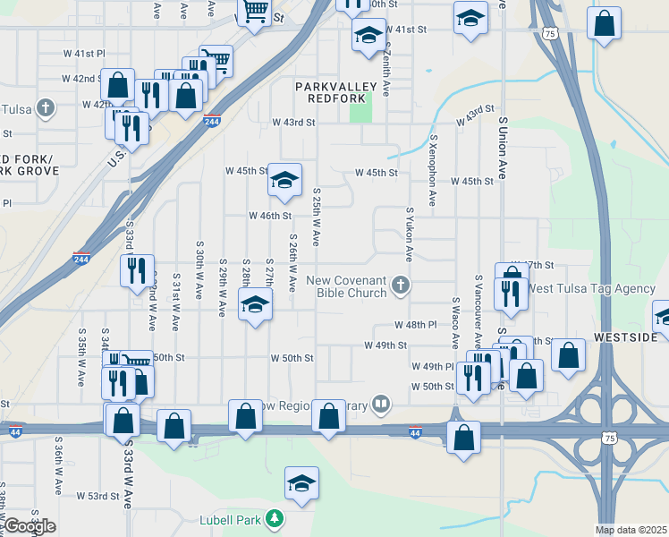 map of restaurants, bars, coffee shops, grocery stores, and more near 2328 West 47th Street in Tulsa