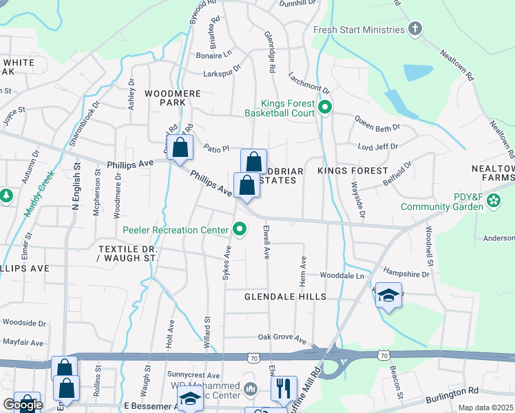 map of restaurants, bars, coffee shops, grocery stores, and more near 2501 Phillips Avenue in Greensboro
