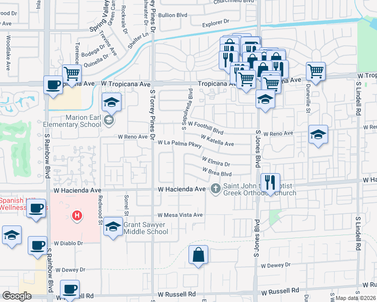 map of restaurants, bars, coffee shops, grocery stores, and more near 6358 West Elmira Drive in Las Vegas