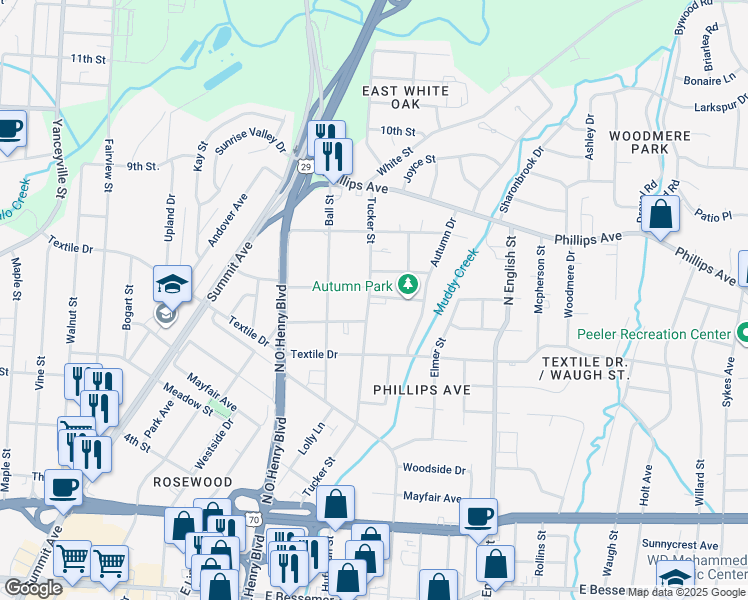 map of restaurants, bars, coffee shops, grocery stores, and more near 1510 Tucker Street in Greensboro