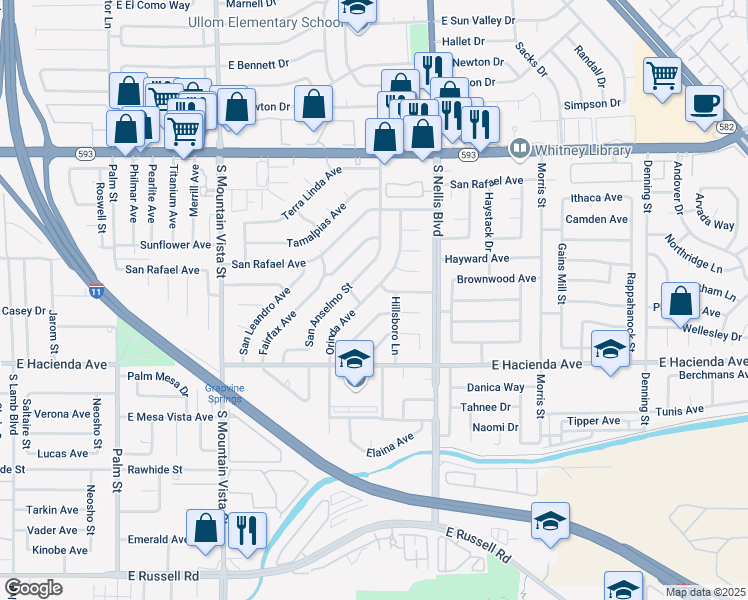 map of restaurants, bars, coffee shops, grocery stores, and more near 5170 Saratoga Drive in Las Vegas