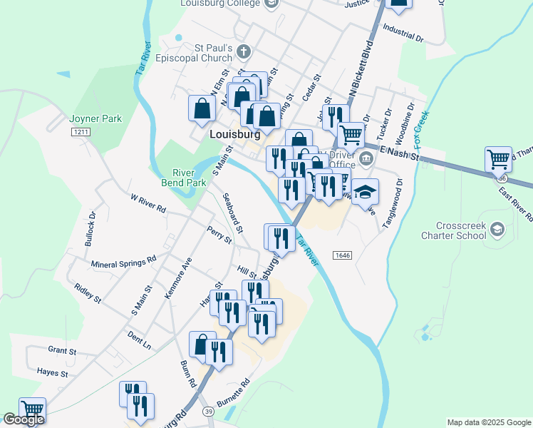 map of restaurants, bars, coffee shops, grocery stores, and more near in Louisburg