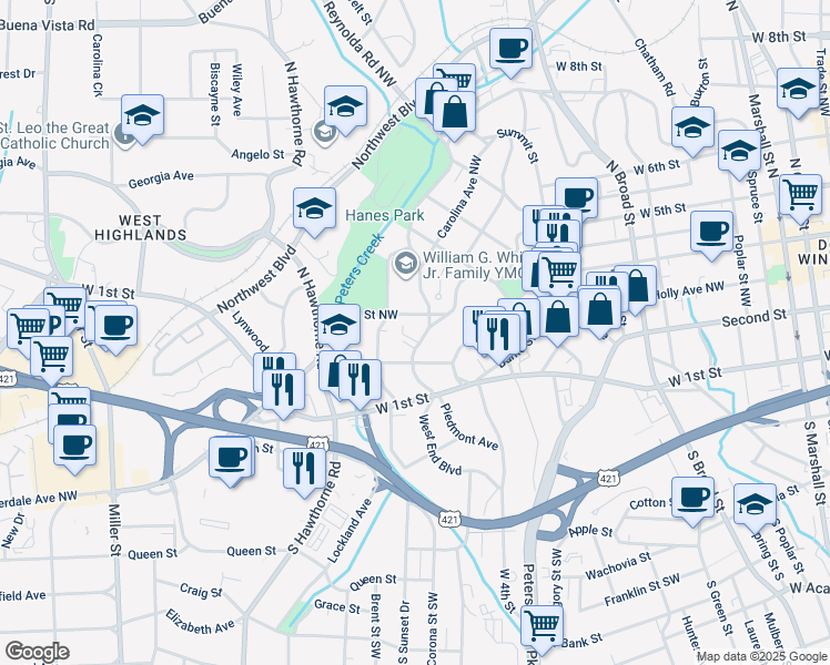 map of restaurants, bars, coffee shops, grocery stores, and more near 805 West End Boulevard in Winston-Salem