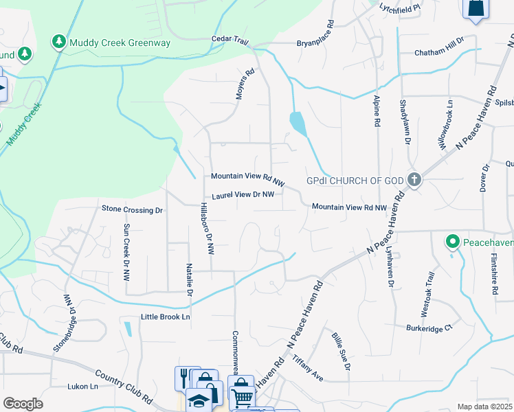 map of restaurants, bars, coffee shops, grocery stores, and more near 5136 Rockmont Court Northwest in Winston-Salem