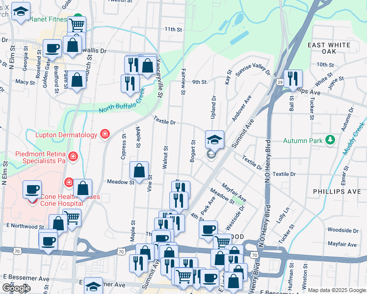 map of restaurants, bars, coffee shops, grocery stores, and more near 1402 Fairview Street in Greensboro