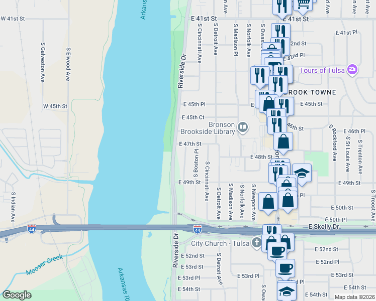map of restaurants, bars, coffee shops, grocery stores, and more near 4711 South Boston Avenue in Tulsa