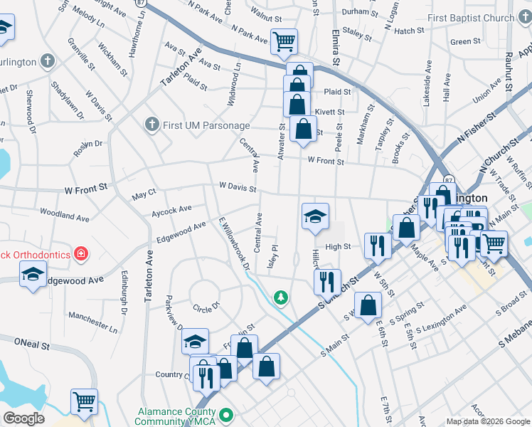 map of restaurants, bars, coffee shops, grocery stores, and more near 545 Central Avenue in Burlington