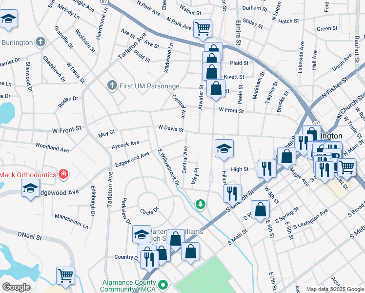 map of restaurants, bars, coffee shops, grocery stores, and more near 610 Central Avenue in Burlington