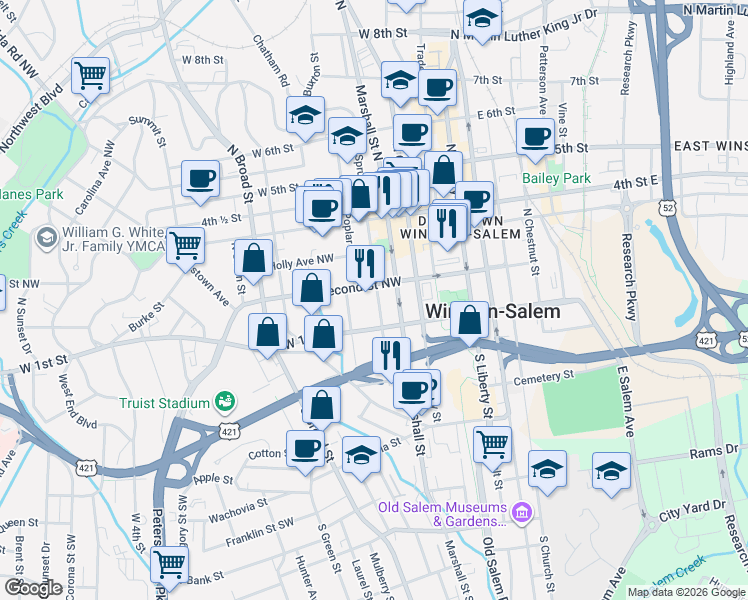 map of restaurants, bars, coffee shops, grocery stores, and more near in Winston-Salem