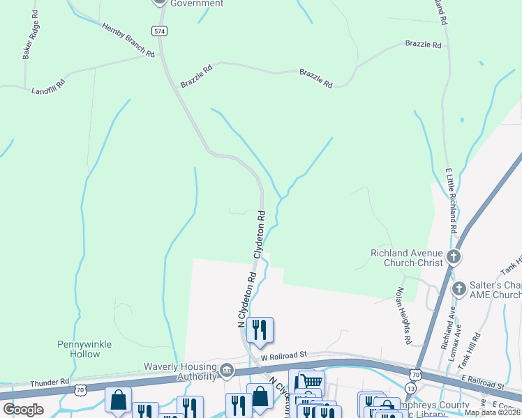map of restaurants, bars, coffee shops, grocery stores, and more near 803 Clydeton Road in Waverly