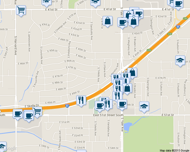 map of restaurants, bars, coffee shops, grocery stores, and more near 4740 South Toledo Avenue in Tulsa