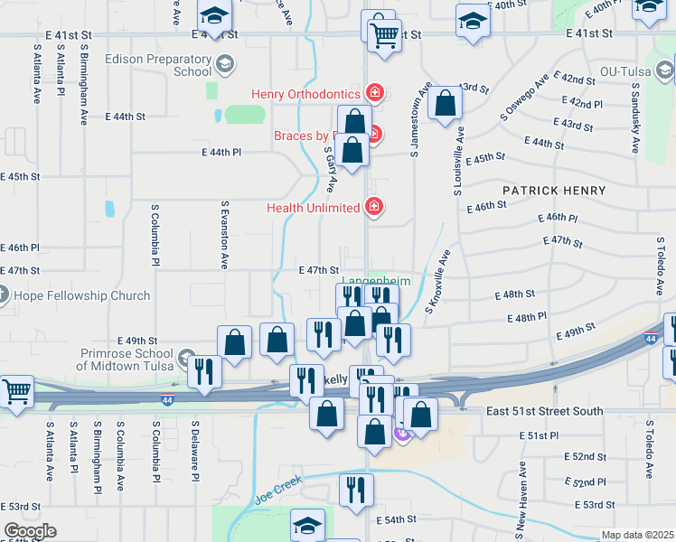 map of restaurants, bars, coffee shops, grocery stores, and more near 4720 South Harvard Avenue in Tulsa