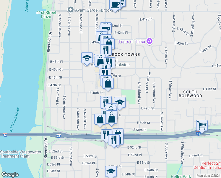 map of restaurants, bars, coffee shops, grocery stores, and more near 1340 East 48th Place in Tulsa