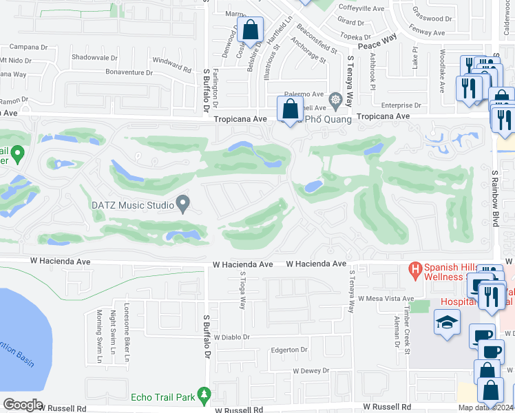 map of restaurants, bars, coffee shops, grocery stores, and more near 7665 Spanish Bay Drive in Las Vegas