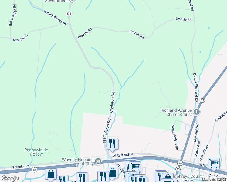 map of restaurants, bars, coffee shops, grocery stores, and more near 803 Clydeton Road in Waverly